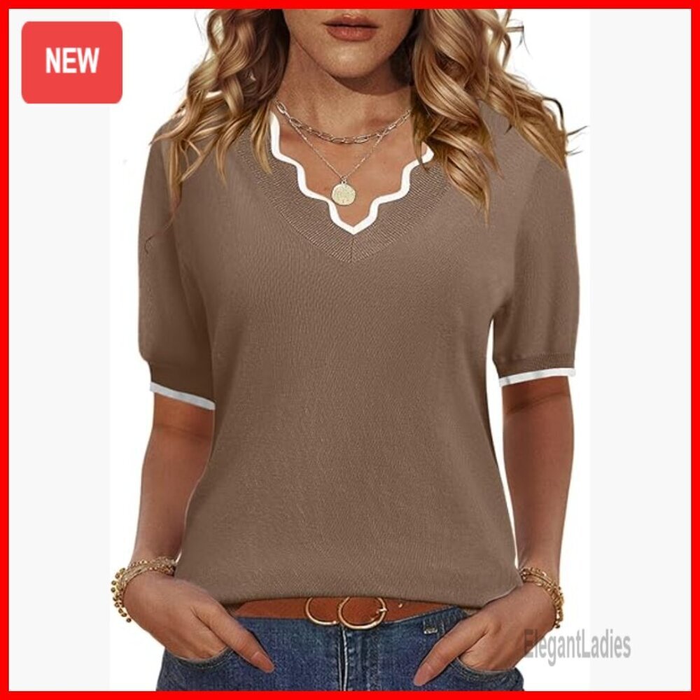 Short Sleeve V-Neck Sweater Lightweight Ribbed Knit Pullover Casual Top